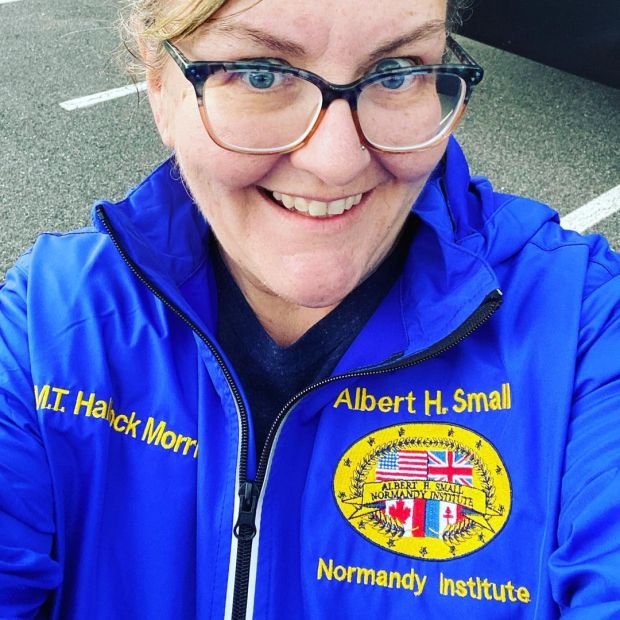 This is a picture of Dr. Mary Hallock Morris in her Albert H. Small Normandy Institute windbreaker. 